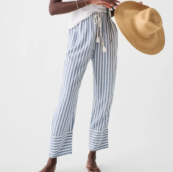 Faherty Blue Stripe Linen Blend Mid-Rise Drawstring Relaxed Pacific Beach Pant - Picture 1 of 12